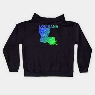 Colorful mandala art map of Louisiana with text in blue and green Kids Hoodie